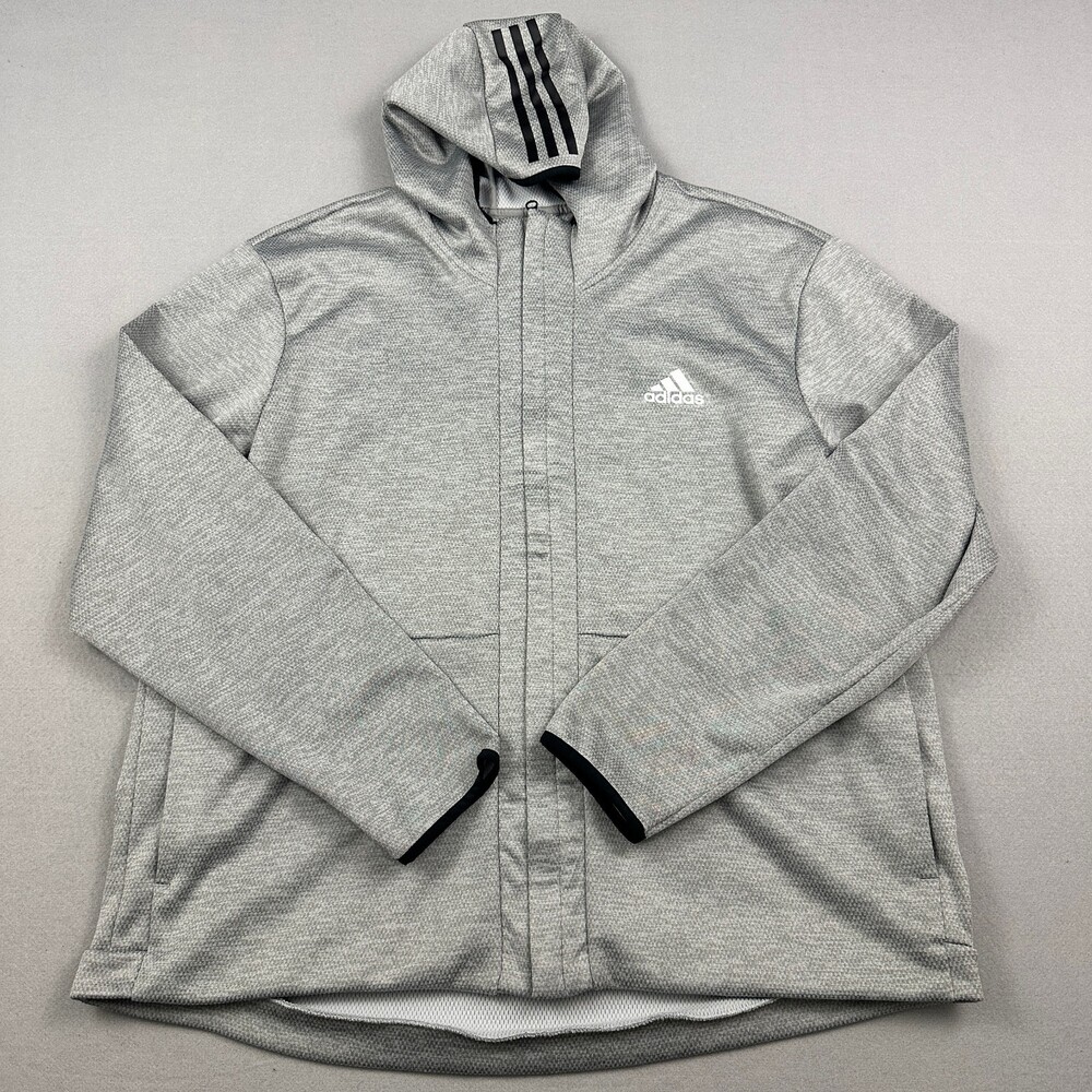 Adidas Jacket Men 2XL Gray Heather Full Zip Climawarm Zip Pockets Hood XXL